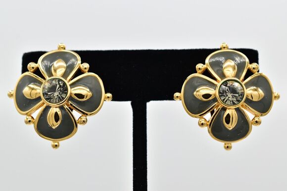 Joan Rivers Jewelry - Joan Rivers Vintage Flower Clip On Earrings Gray Enamel Crystal Signed 90s BinBK